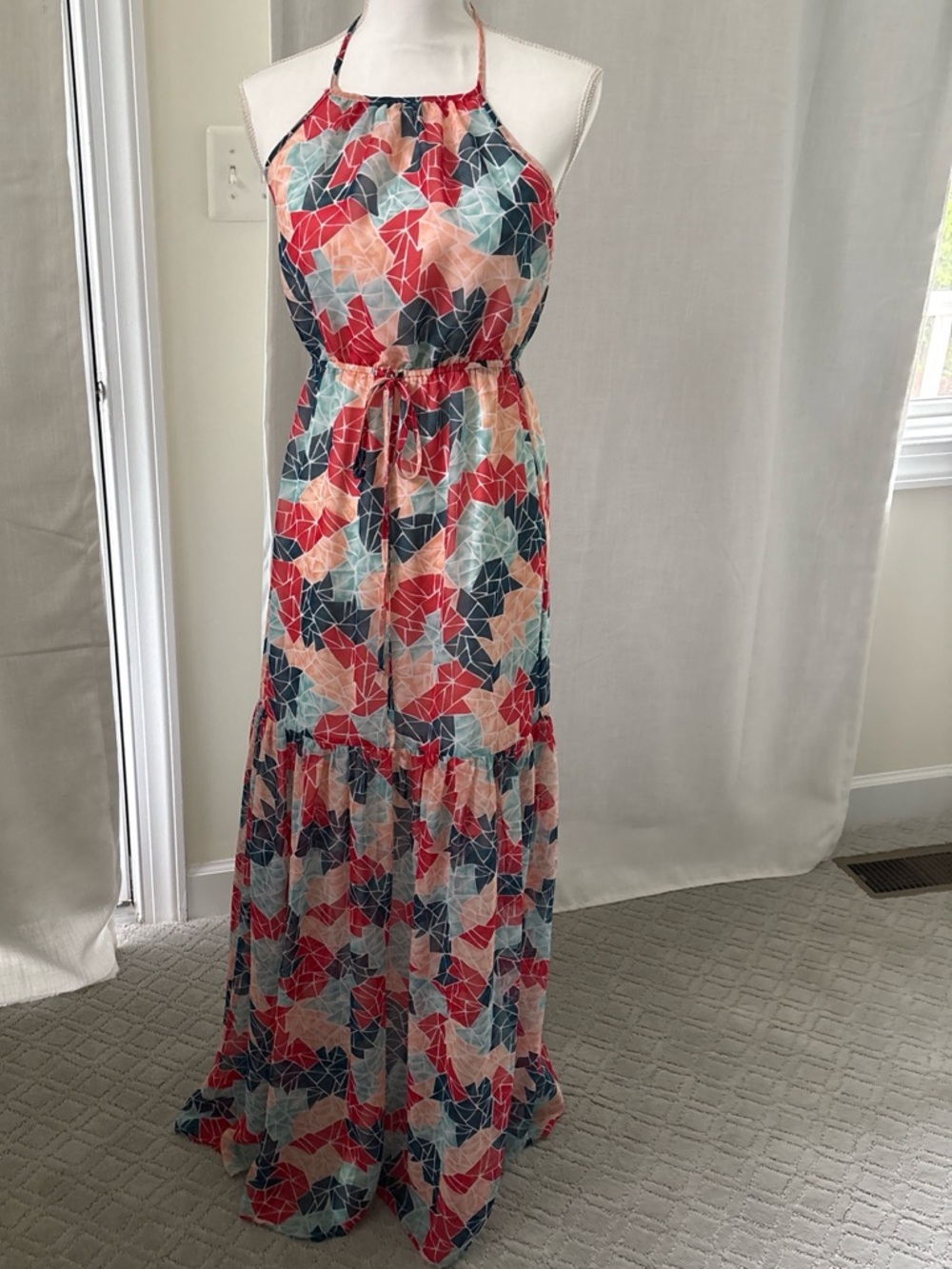 BCBGeneration Halter Maxi Dress in Coral, Teal & Navy